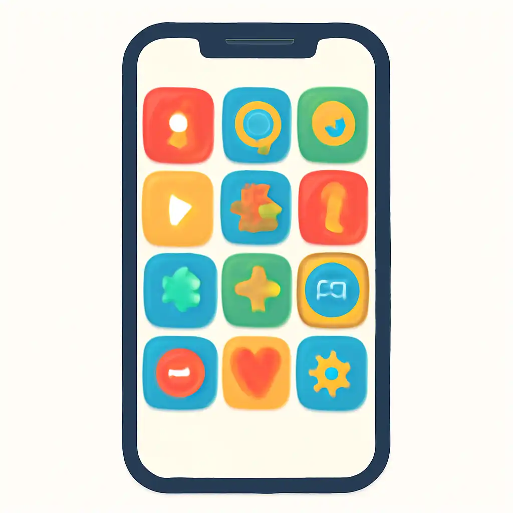 Smartphone shown from the front displaying a colourful flat layout of abstract game icons and rounded tiles, Getting