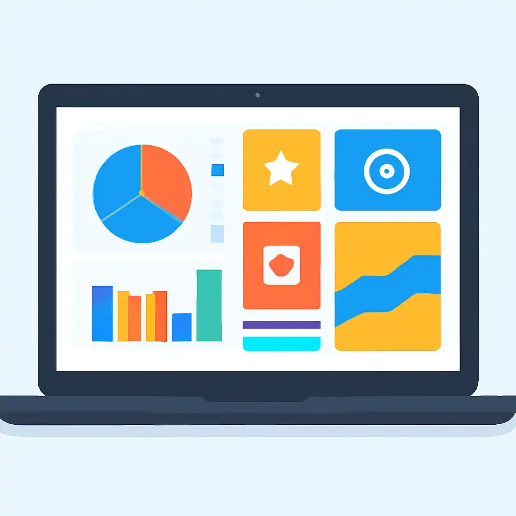 Laptop shown from the front displaying a colourful flat dashboard of abstract charts, bars and icon tiles, Getting Started