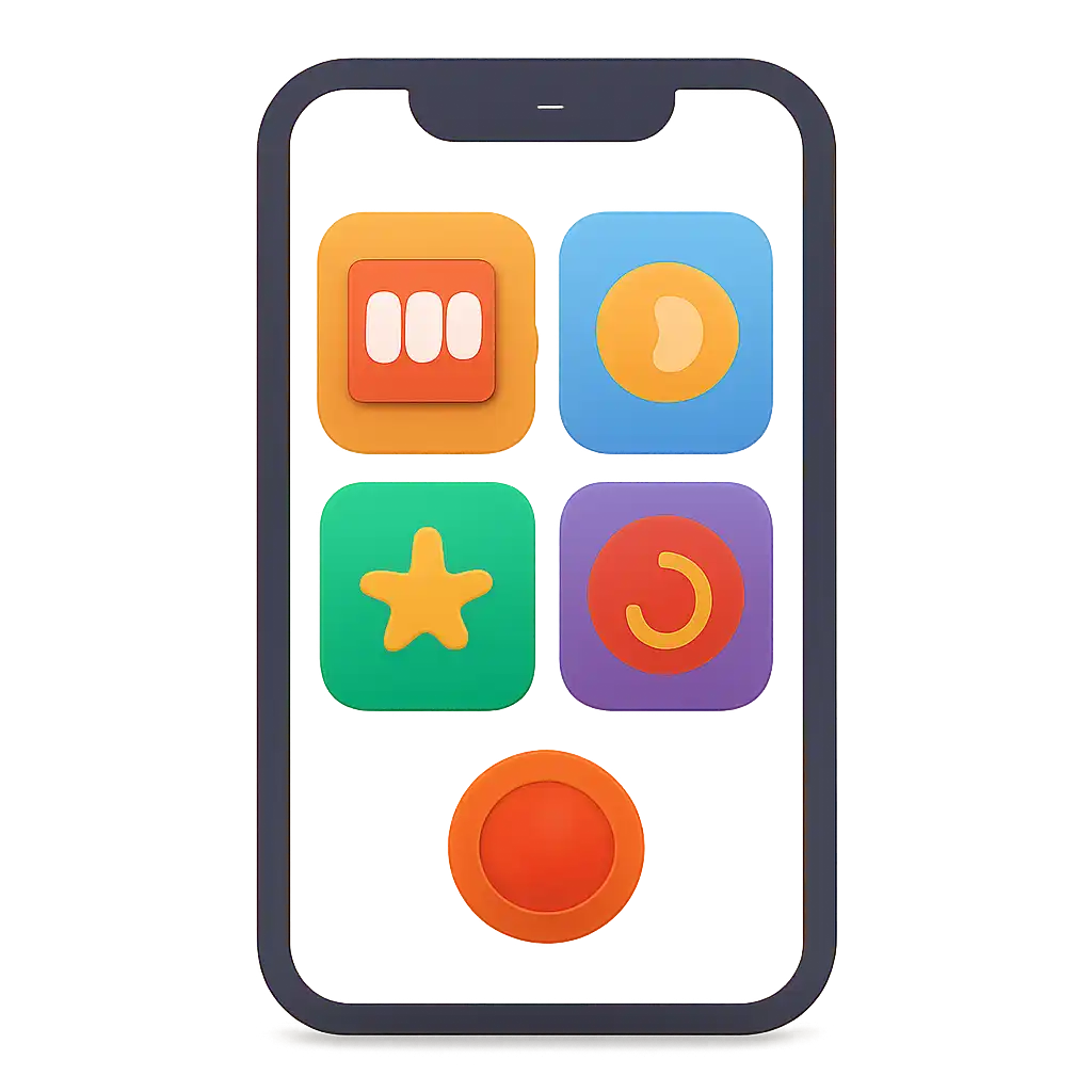 Smartphone shown from the front displaying a colourful flat layout of abstract game icons and rounded tiles, Deposits