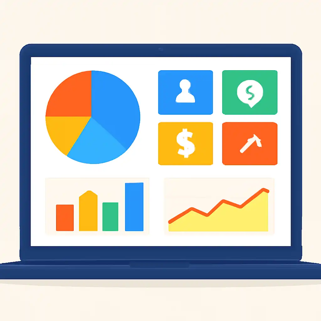 Laptop shown from the front displaying a colourful flat dashboard of abstract charts, bars and icon tiles, Deposits