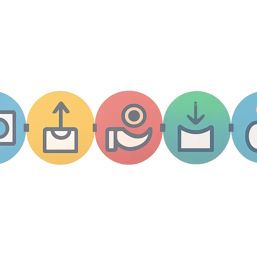 Five numbered circular icons connected by arrows in a horizontal flow, Deposits, Withdrawals and Payouts steps, Spin Game