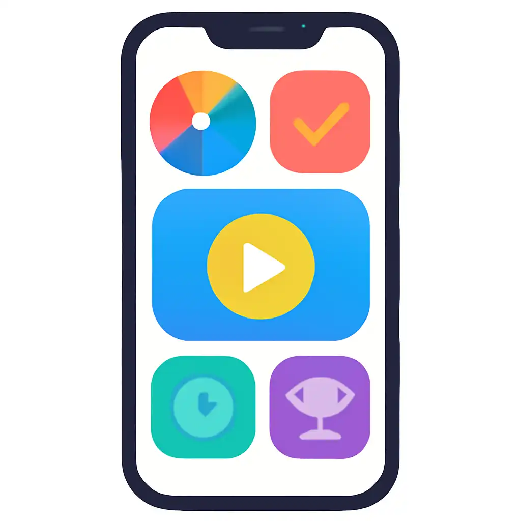 Smartphone shown from the front displaying a colourful flat layout of abstract game icons and rounded tiles, spin game
