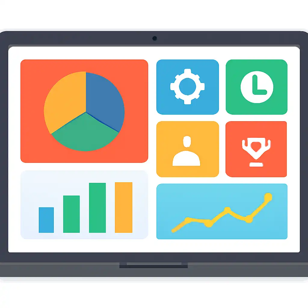 Laptop shown from the front displaying a colourful flat dashboard of abstract charts, bars and icon tiles, spin game
