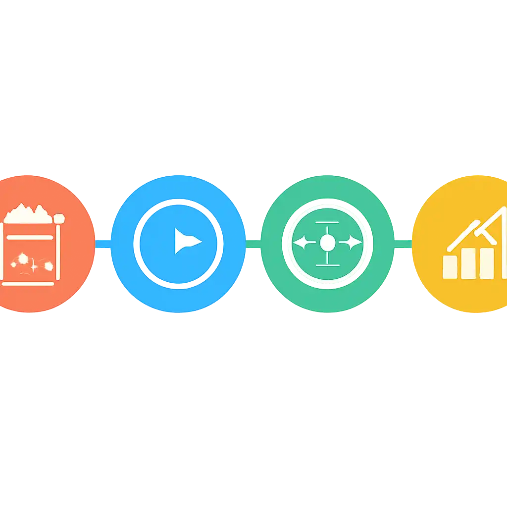 Five numbered circular icons connected by arrows in a horizontal flow, spin game: Rules, Timings and Results steps
