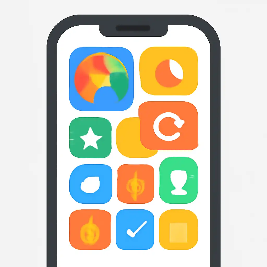 Smartphone shown from the front displaying a colourful flat layout of abstract game icons and rounded tiles, What spin game