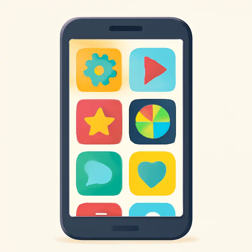 Smartphone shown from the front displaying a colourful flat layout of abstract game icons and rounded tiles, Common