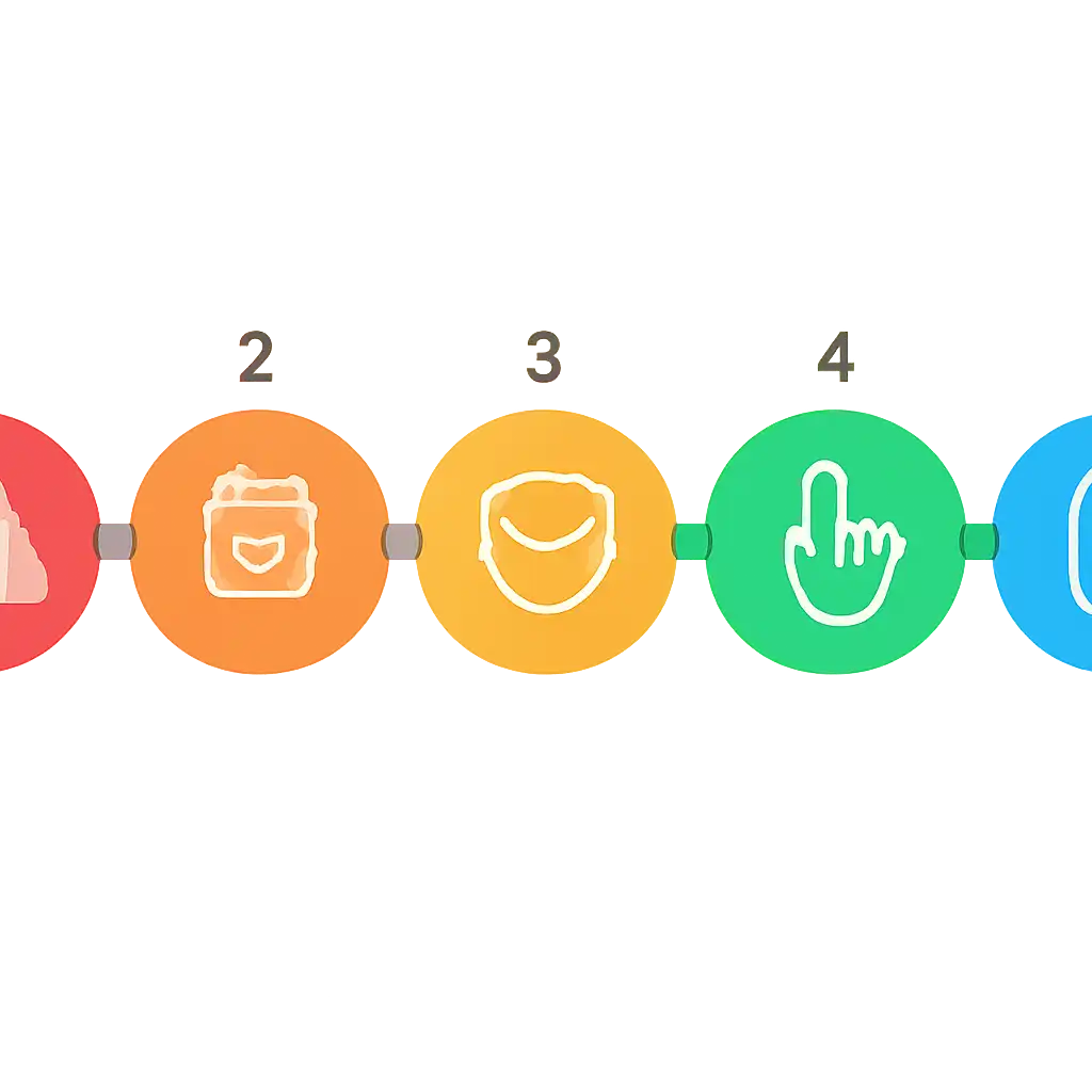 Five numbered circular icons connected by arrows in a horizontal flow, Common Mistakes and Safety steps, Spin Game