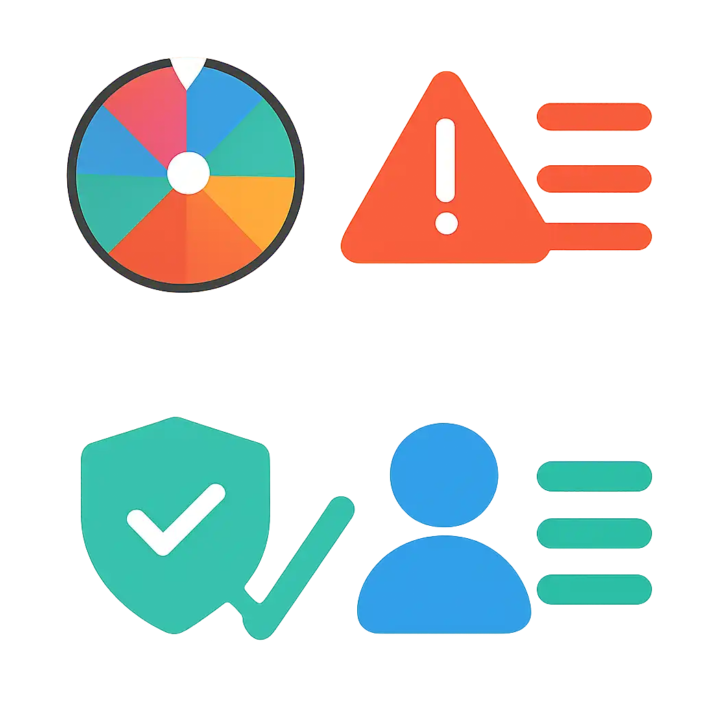 Infographic comparing options using coloured bars and, Common Mistakes and Safety, Spin Game