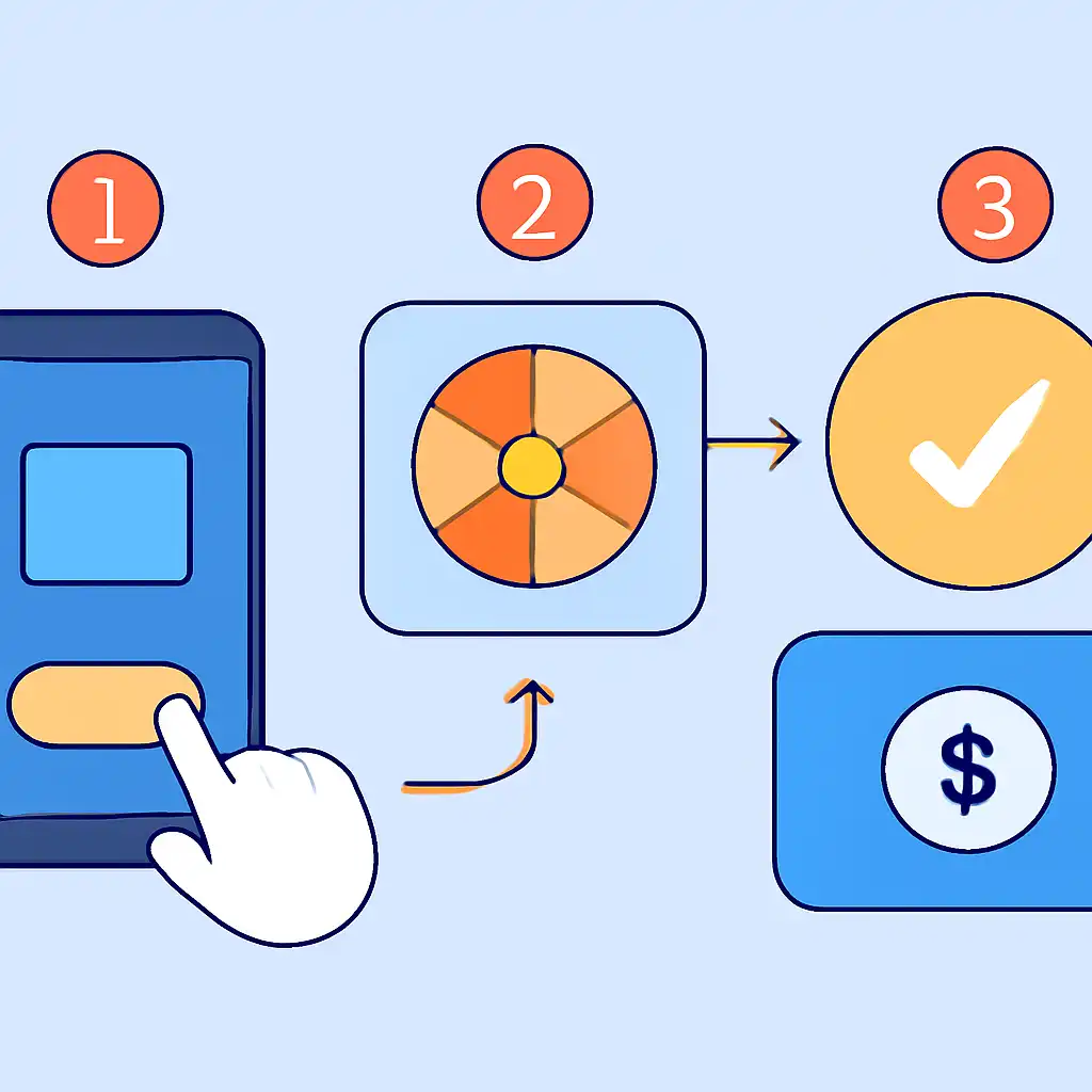 Annotated step diagram: draw timings process with numbered callouts, Spin Game