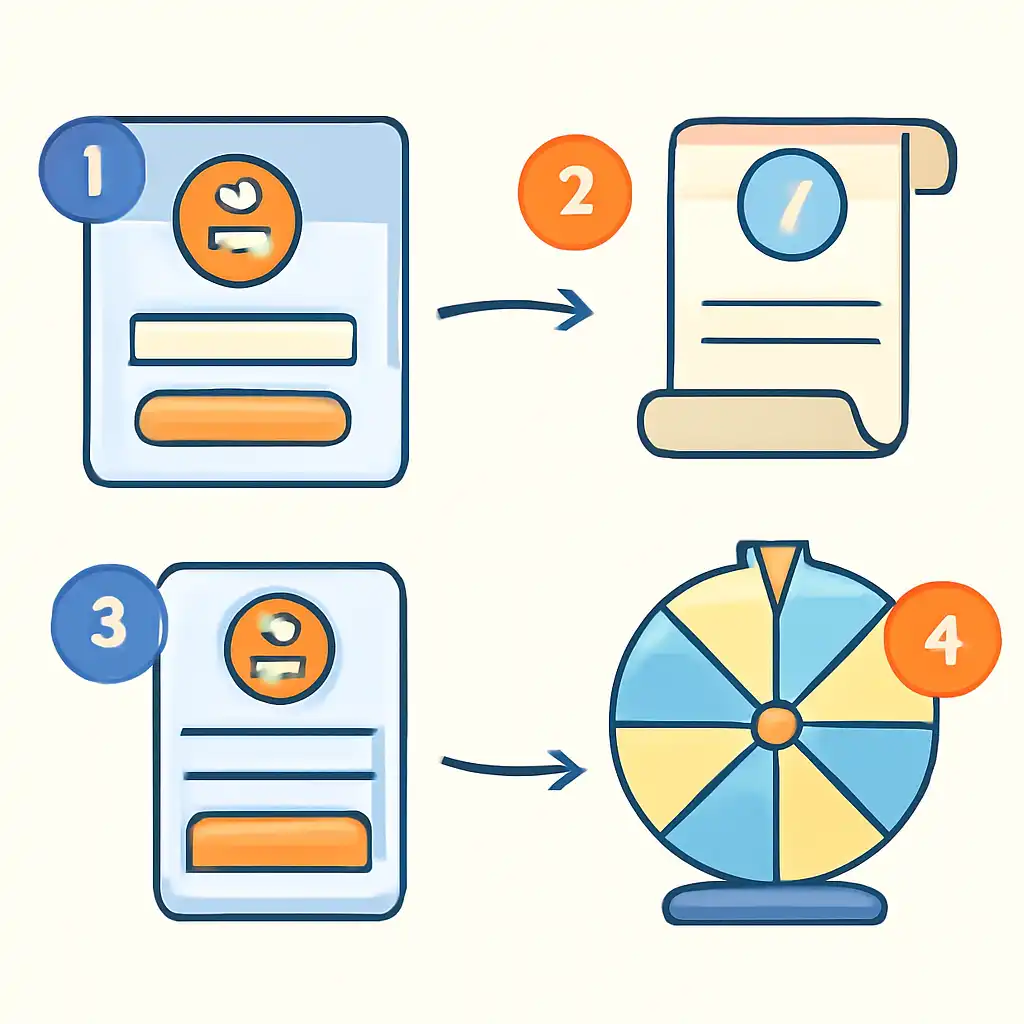 Annotated step diagram: creating an account process with numbered callouts, Spin Game