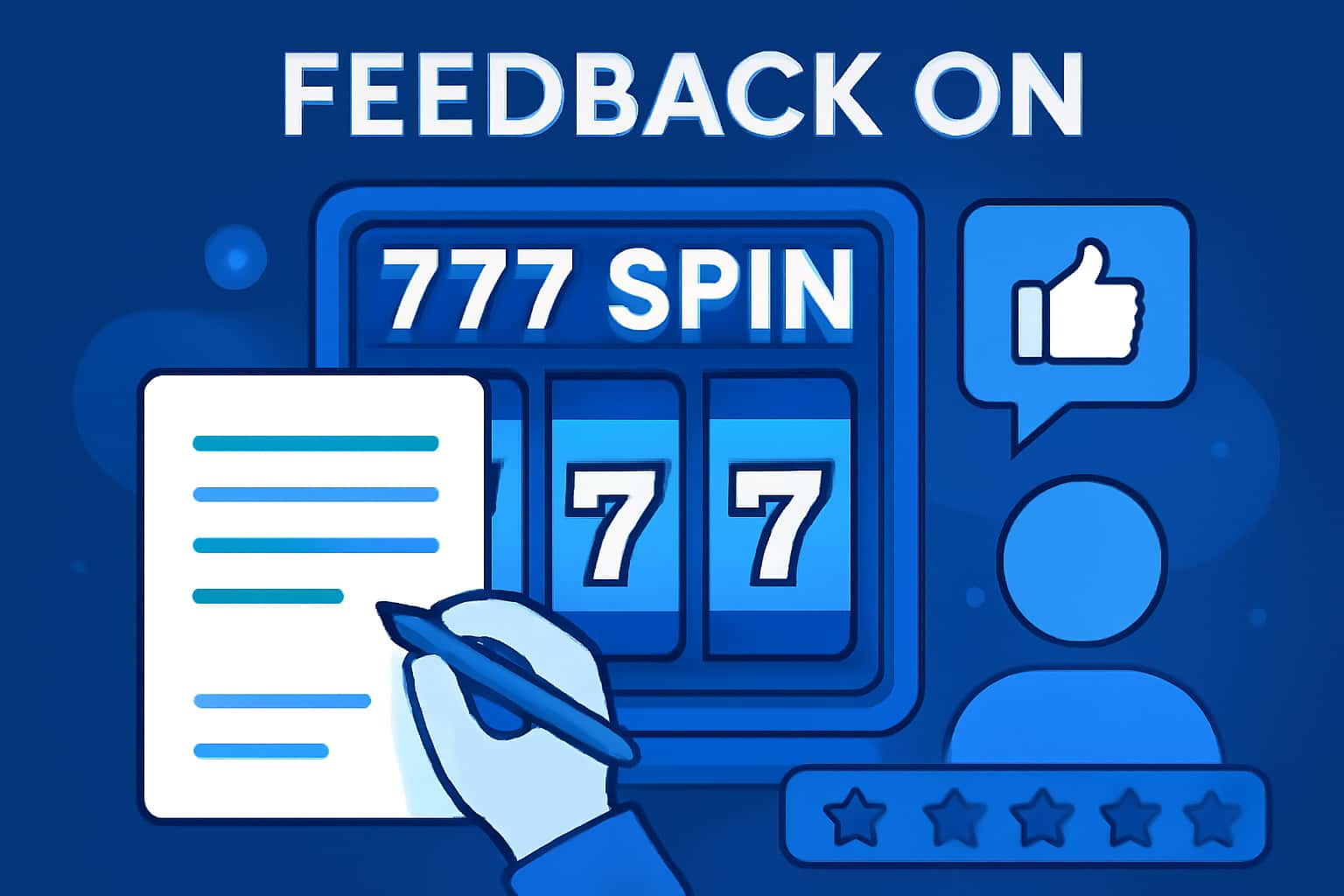 An informative scene illustrating user feedback on 777 Spin, with clear prominence on the text 'Feedback on 777 Spin'.
